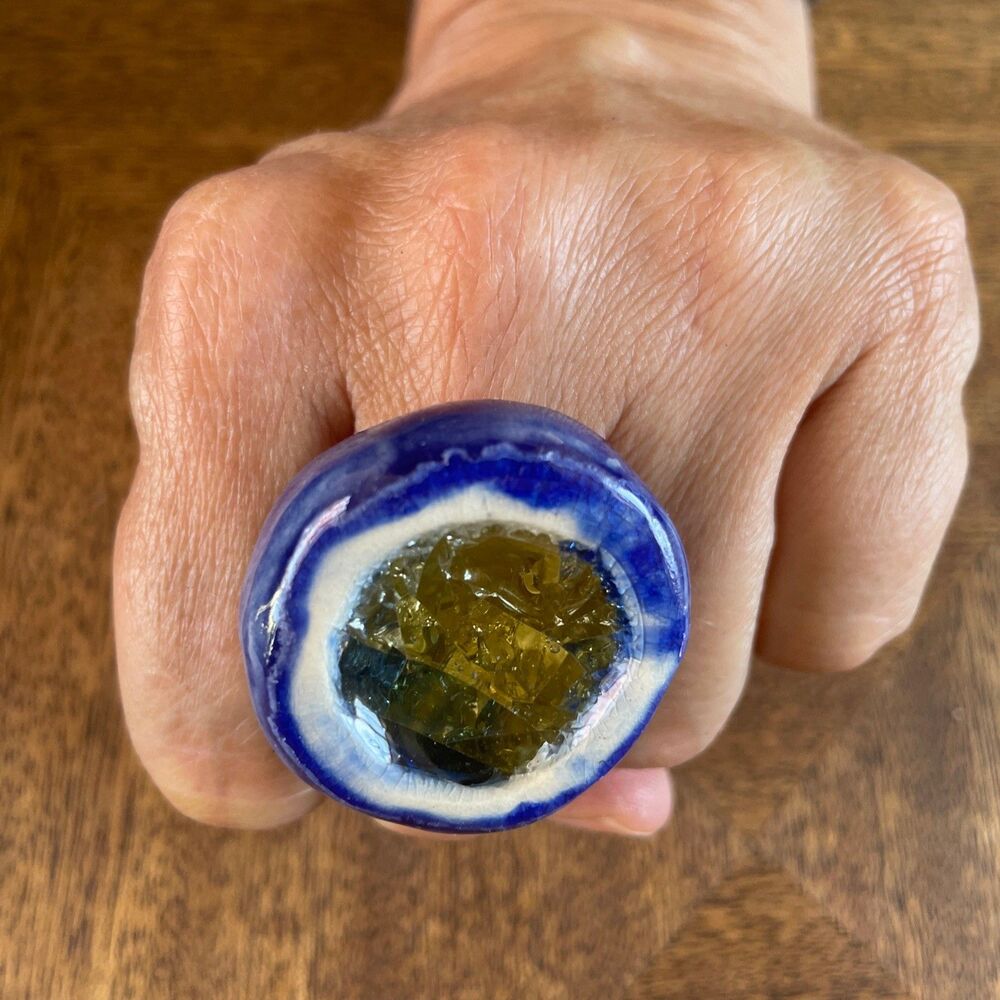 Chunky Blue Yellow Round Handmade Statement Piece Ceramic Glass Ring Adjustable‎